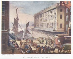Billingsgate Market: This engraving was published as Plate 9 of Microcosm of London (1808)