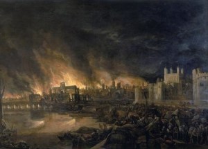 "This painting shows the great fire of London as seen from a boat in vicinity of Tower Wharf. The painting depicts Old London Bridge, various houses, a drawbridge and wooden parapet, the churches of St Dunstan-in-the-West and St Bride's, All Hallow's the Great, Old St Paul's, St Magnus the Martyr, St Lawrence Pountney, St Mary-le-Bow, St Dunstan-in-the East and Tower of London. The painting is in the [style] of the Dutch School and is not dated or signed." The painting itself is thought to be from the 17th century, and so in the public domain.