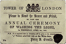 An 1857 ticket to "Washing the Lions" at the Tower of London in London. No such event ever took place.