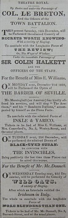 Black-Eyed Susan on the bill of the Theatre Royal, Jersey, in December 1829