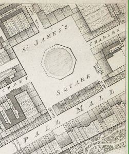 Pall Mall and St James's Square shown in Richard Horwood's map of 1799. - Public Domain - Wikipedia