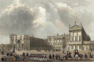 Buckingham Palace c.  1837 with the Marble  Arch in its original  position. Public Domain - Wikipedia File:Buckingham Palace engraved by J.Woods after Hablot Browne & R.Garland publ 1837 edited.jpg
