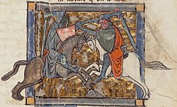 Yvain unwittingly battles Gawain, from Chrétien's Yvain, the Knight of the Lion ~ Public Domain via Wikipedia