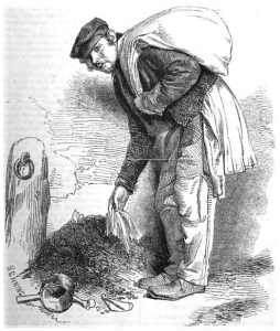 The Bone-Grubber by Richard Beard. Henry Mayhew described one bone-grubber he encountered as wearing a "ragged coat...greased over, probably with the fat of the bones he gathered". Henry Mayhew - http://books.google.co. uk/booksid=iBIIAAAAQAAJ &printsec=frontcover&source=gbs_ge_ summary_r&cad =0#v=onepage& q&f=false The Bone-Grubber, daguerreotype by Beard - created 31 December 1850 - Public Domain