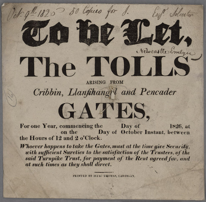 To_Be_Let_The_Tolls_Cribbin,_Llanfihangel_and_Pencader_Gates_1826